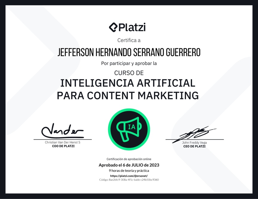 Diploma del Curso de Inteligencia Artificial para Content Marketing