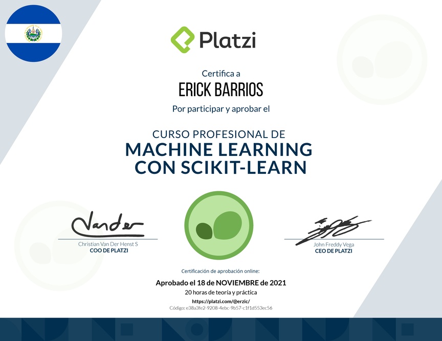 Diploma del Curso Profesional de Machine Learning con scikit-learn