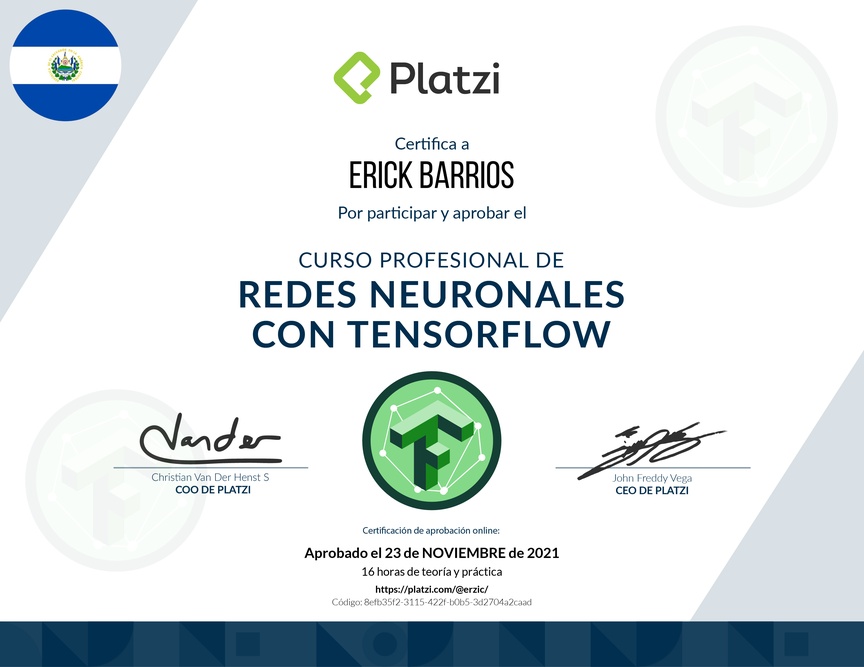 Diploma del Curso Profesional de Redes Neuronales con TensorFlow