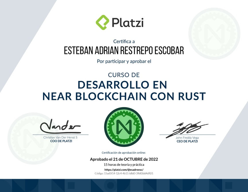 Diploma del Curso de Desarrollo en NEAR Blockchain con Rust