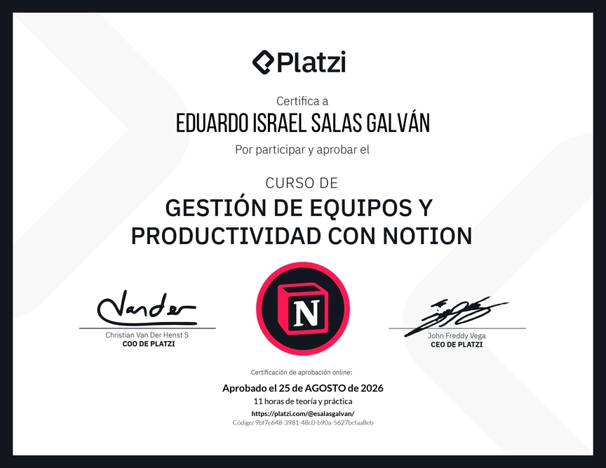 Diploma del Curso de Gestión de Equipos y Productividad con Notion