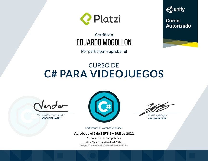 Diploma del Curso de C# para Videojuegos