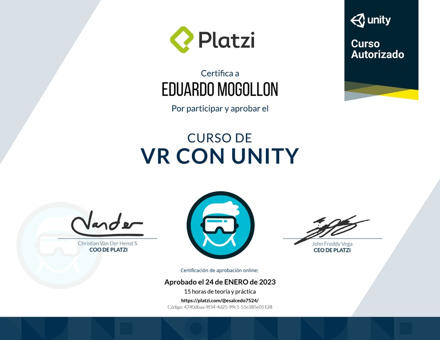 Diploma del Curso de VR con Unity