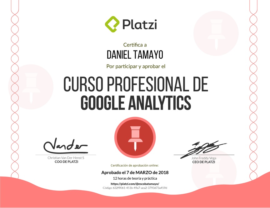 Diploma del Curso Profesional de Google Analytics 2017