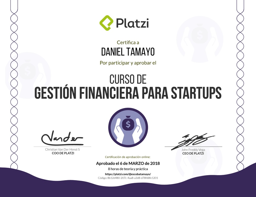 Diploma del Curso de Gestión Financiera para Startups 2017