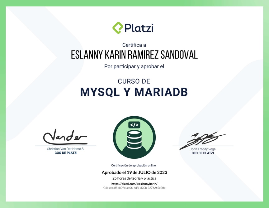 Diploma del Curso de Bases de Datos con MySQL y MariaDB