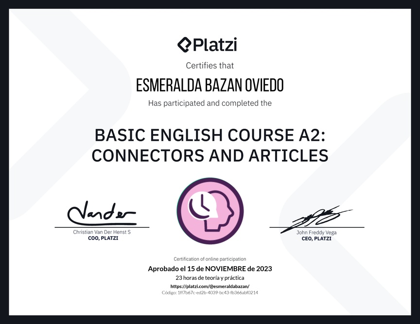 Diploma del Curso de Inglés Básico A2: Conectores y Artículos