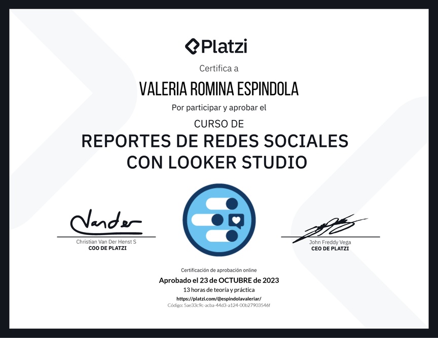 Diploma del Curso de Generación de Reportes de Redes Sociales con Looker Studio