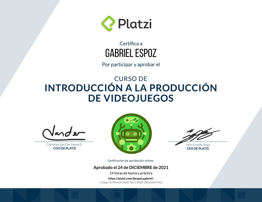 Diploma del Curso de Introducción a la Producción de Videojuegos