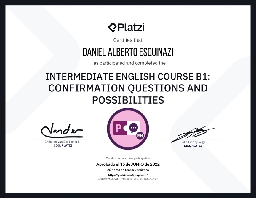 Diploma del Curso de Inglés Intermedio B1: Preguntas de Confirmación y Posibilidades