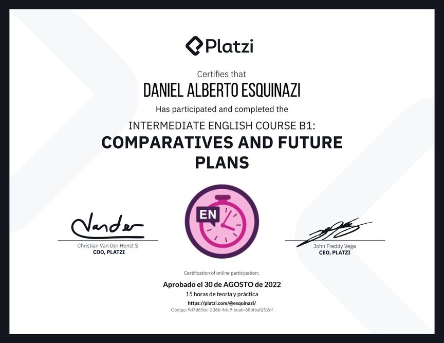 Diploma del Curso de Inglés Intermedio B1: Comparativos y Planes Futuros