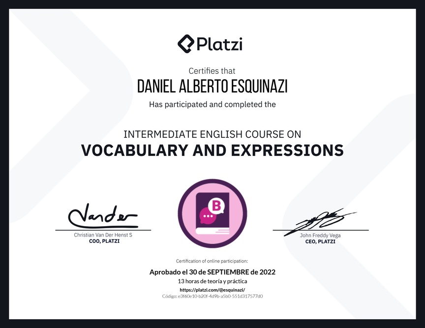 Diploma del Curso Intermedio de Vocabulario y Expresiones en Inglés