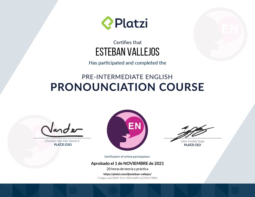 Diploma del Curso de Inglés Práctico: Pronunciación 2020