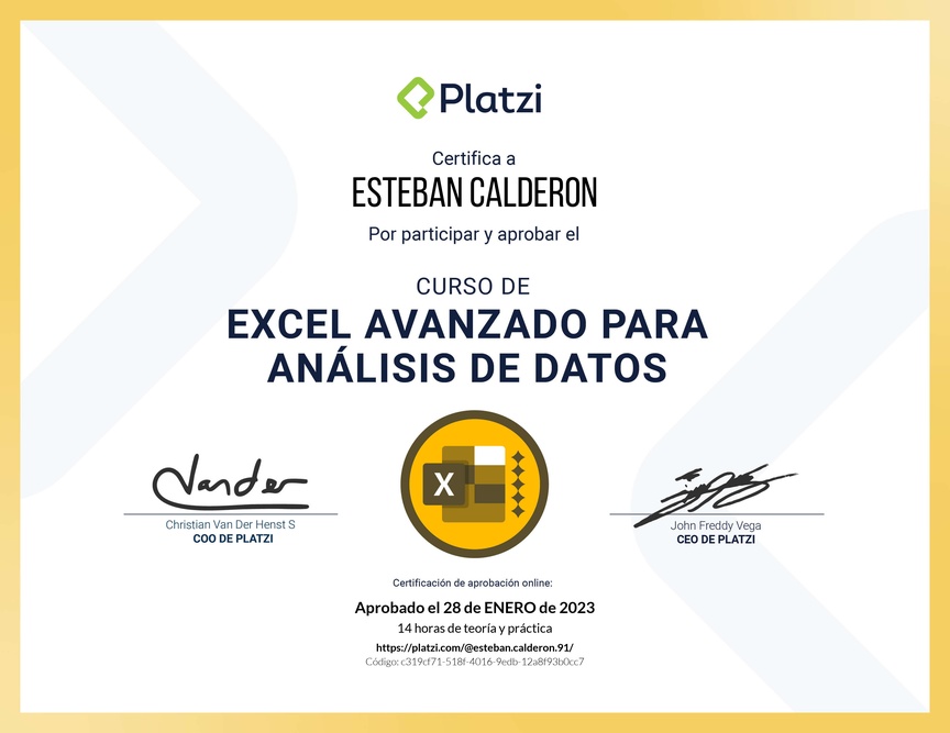 Diploma del Curso de Excel Avanzado para Análisis de Datos