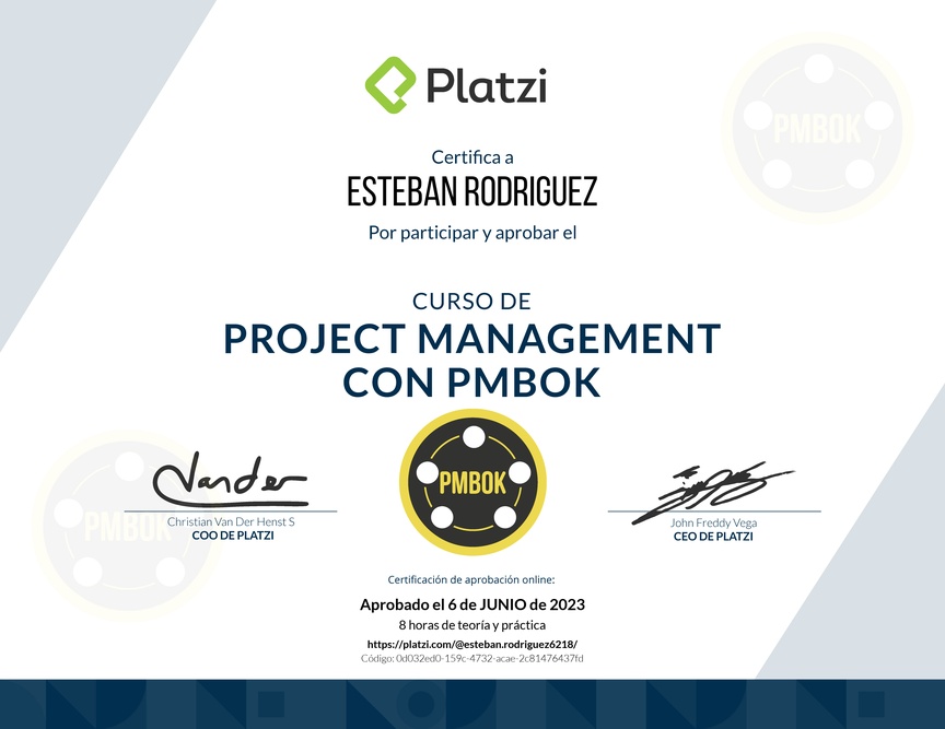 Diploma del Curso de Project Management con PMBOK