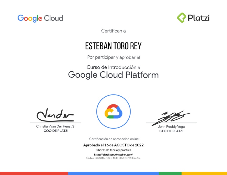 Diploma del Curso de Introducción a Google Cloud Platform