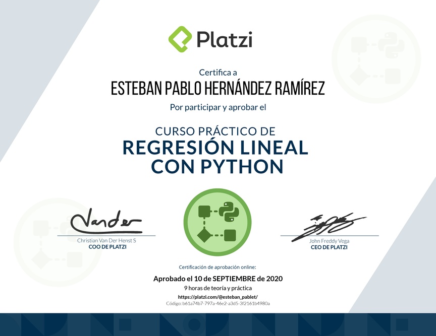 Diploma del Curso Práctico de Regresión Lineal con Python