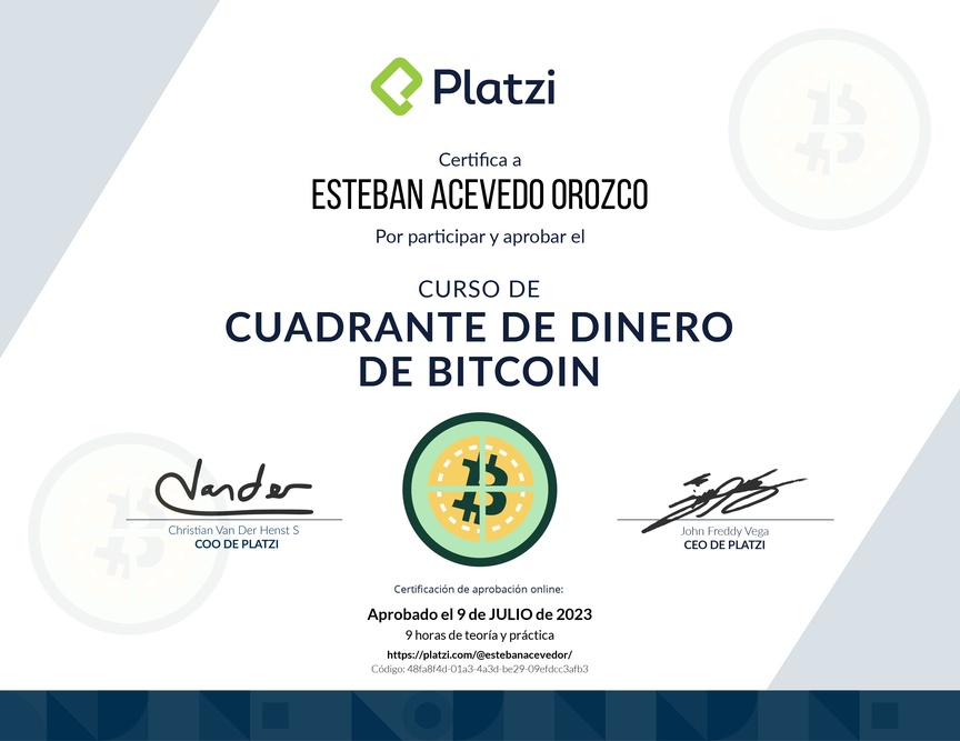 Diploma de Cuadrante de Dinero de Bitcoin y Criptomonedas