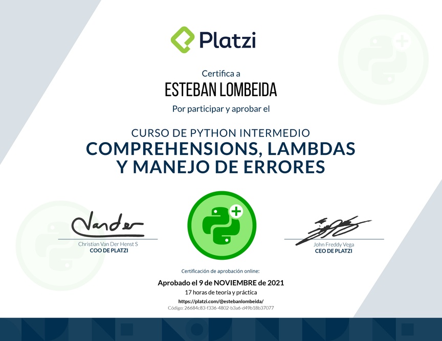 Diploma del Curso de Python Intermedio: Comprehensions, Lambdas y Manejo de Errores