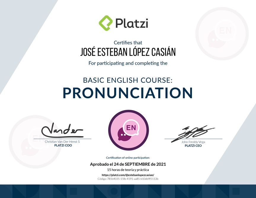 Diploma del Curso de pronunciación básica en Inglés 2020