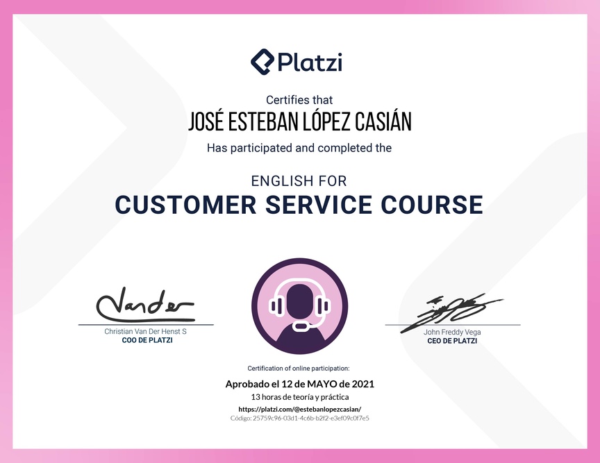 Diploma del Curso de Servicio al Cliente en Inglés (2021)