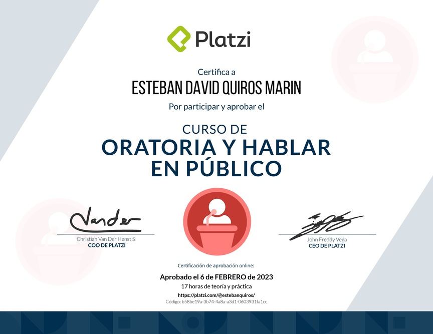 Diploma del Curso de Oratoria para Hablar en Público