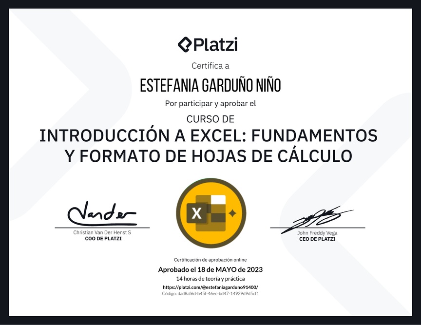 Diploma del Curso de Introducción a Excel para Principiantes: Fundamentos y Formato de Hojas de Cálculo