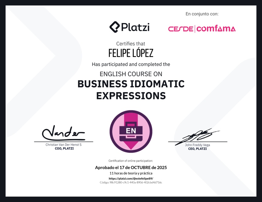 Diploma del Curso de Expresiones Idiomáticas de Negocios en Inglés