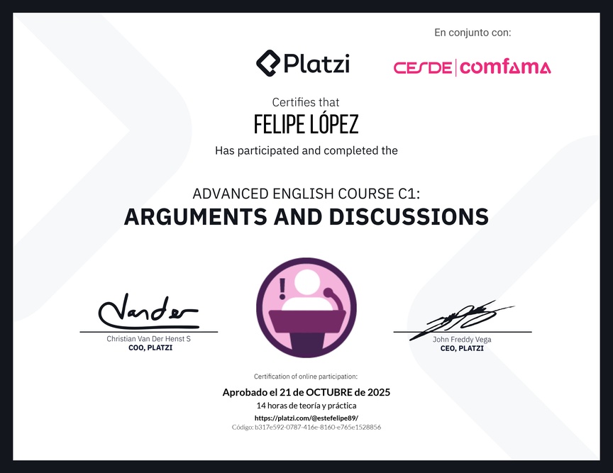 Diploma del Curso de Inglés Avanzado C1: Argumentos y Discusiones