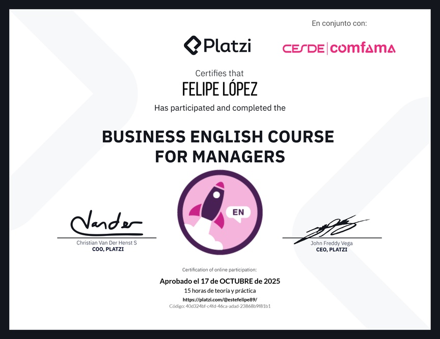 Diploma del Curso de Inglés de Negocios para Managers