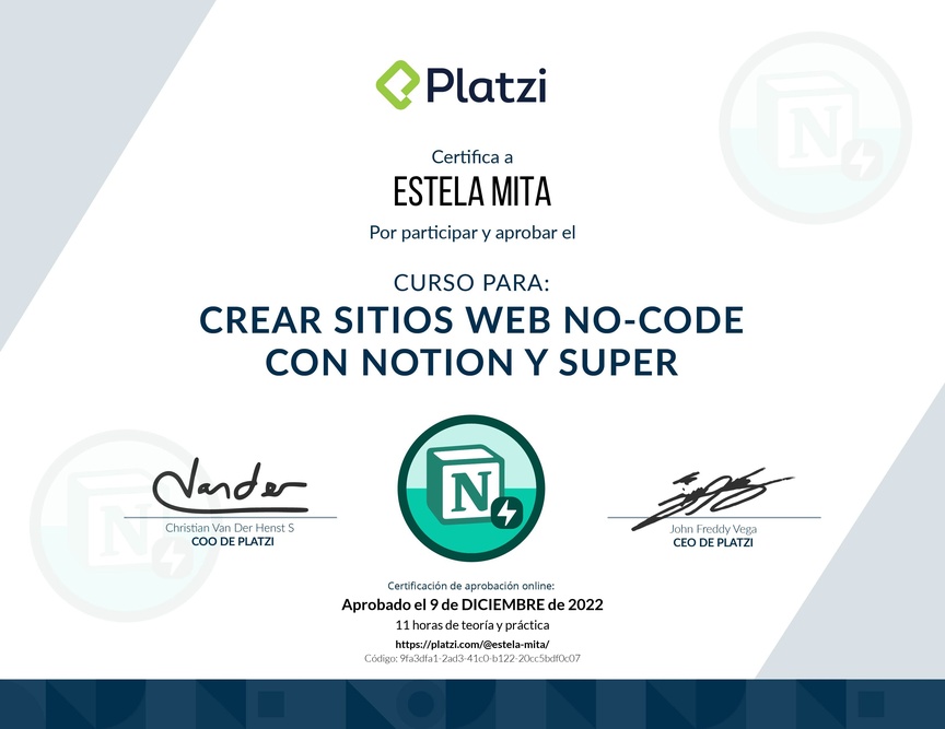 Diploma del Curso para Crear Sitios Web No-code con Notion y Super