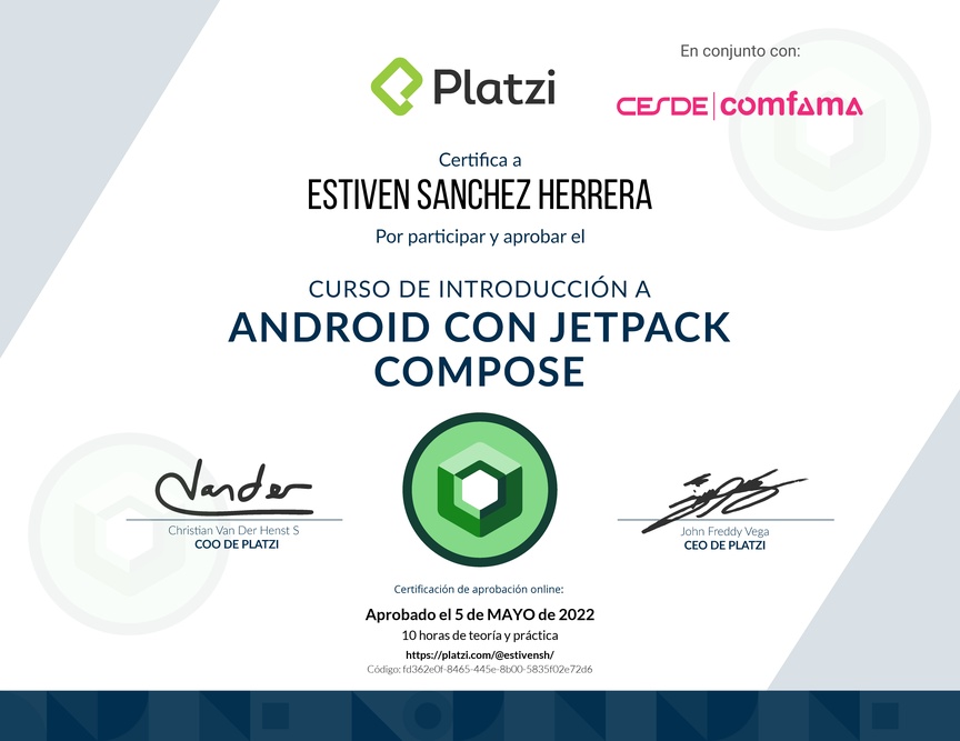 Diploma del Curso de Introducción a Android con Jetpack Compose - 2021