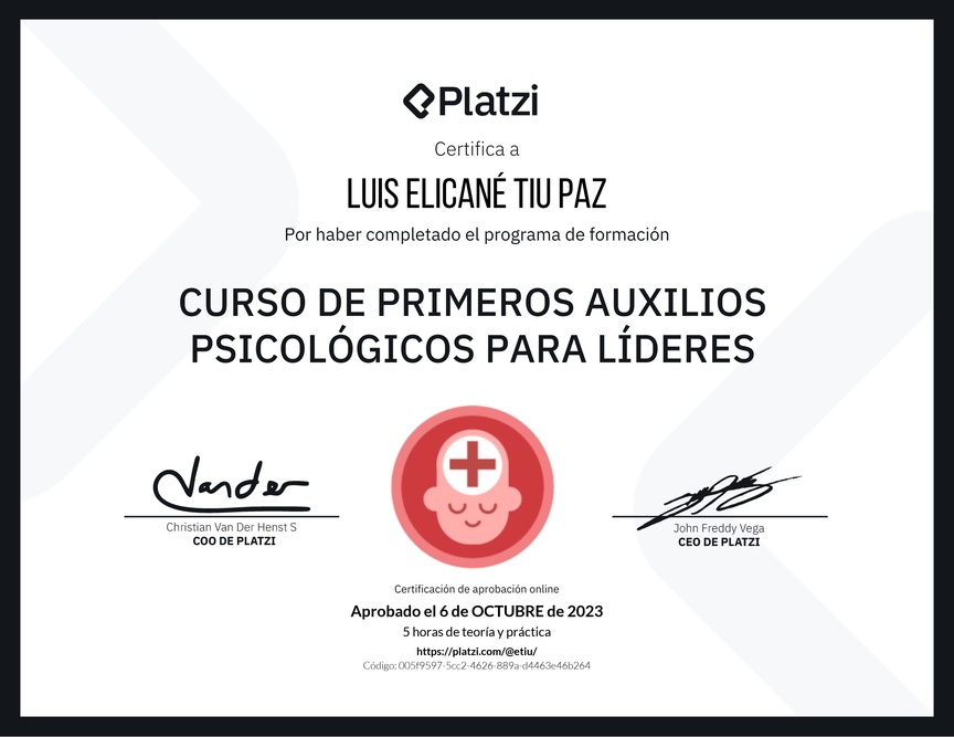 Diploma del Curso de Primeros Auxilios Psicológicos para Líderes