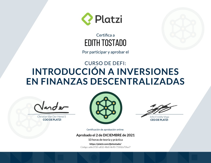 Diploma del Curso de DeFi: Introducción a Inversiones en Finanzas Descentralizadas
