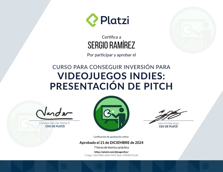 Diploma del Curso para Conseguir Inversión para Videojuegos: Presentación de Pitch