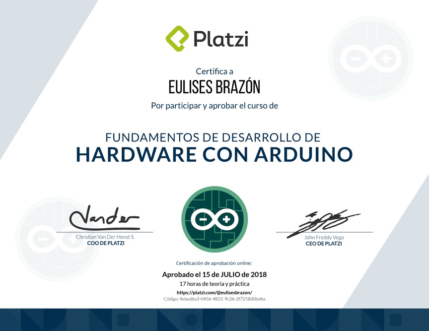 Diploma del Curso Fundamentos de Desarrollo de Hardware con Arduino