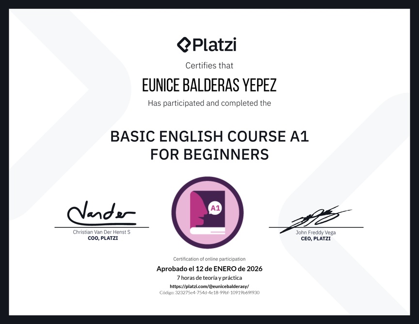 Diploma del Curso de Inglés Básico A1 para Principiantes