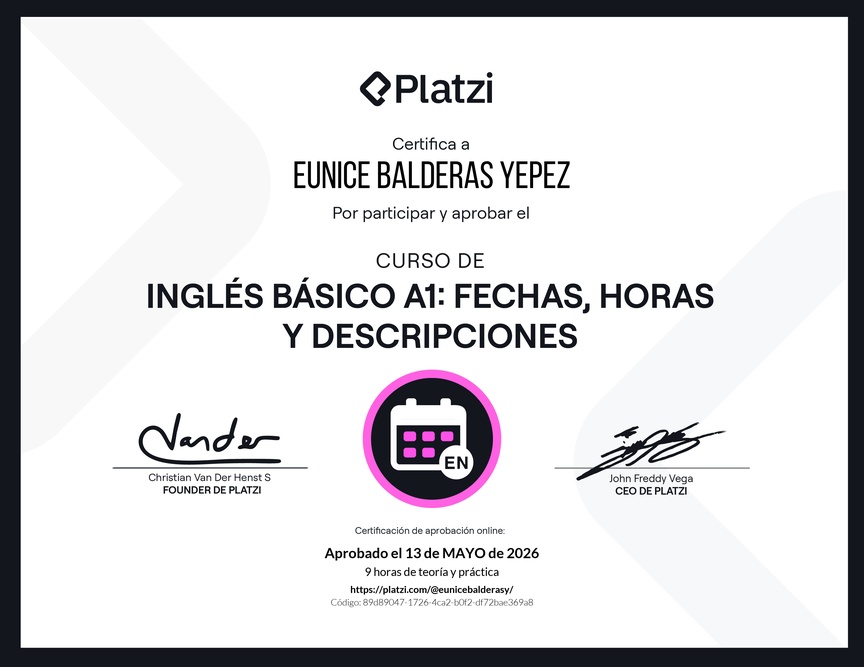 Diploma del Curso de Inglés Básico A1: Fechas, Horas y Descripciones