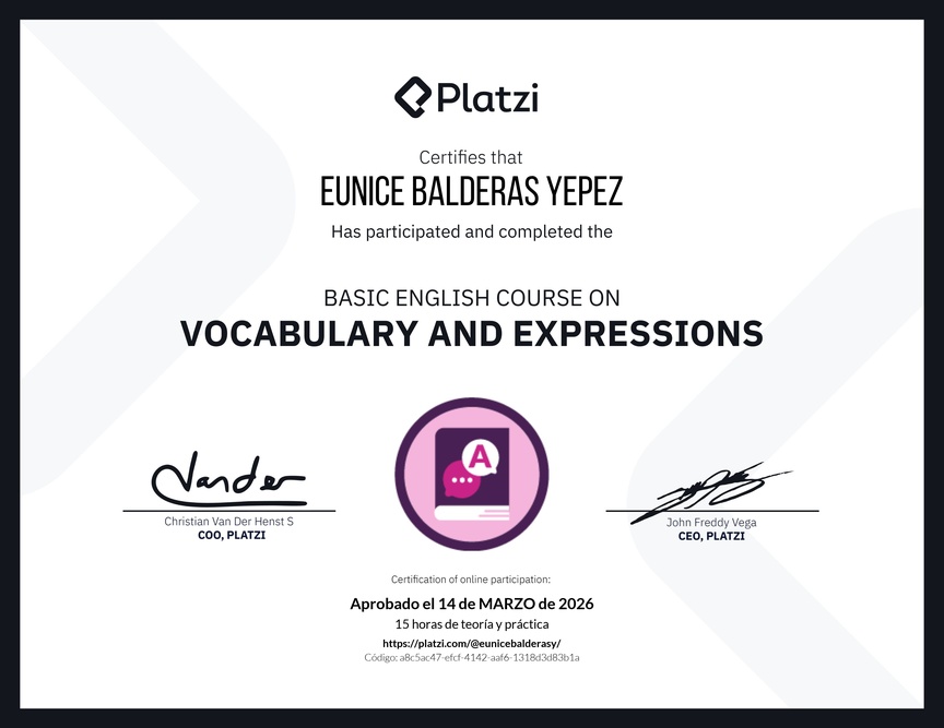Diploma del Curso Básico de Vocabulario y Expresiones en Inglés