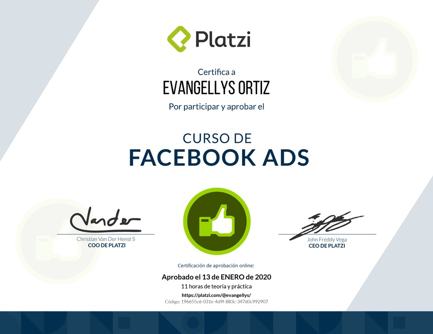 Diploma del Curso de Facebook Ads 2018