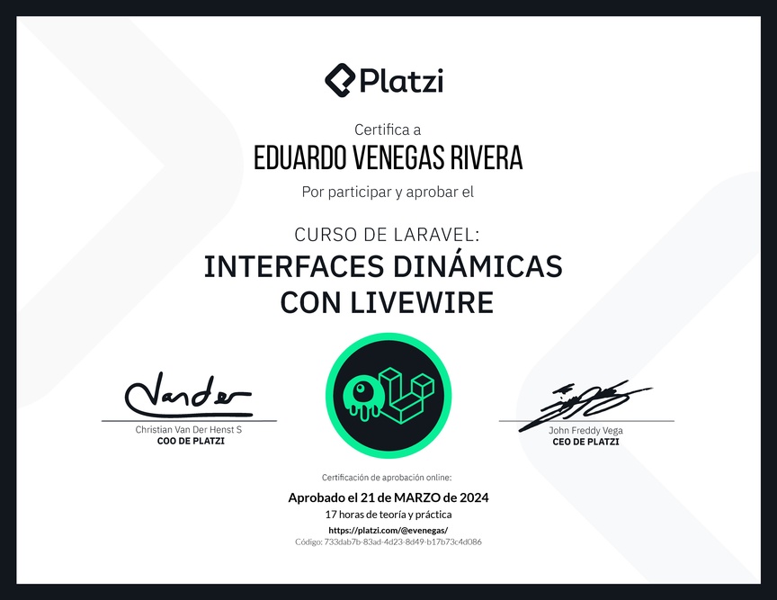 Diploma del Curso de Interfaces Dinámicas con Laravel Livewire
