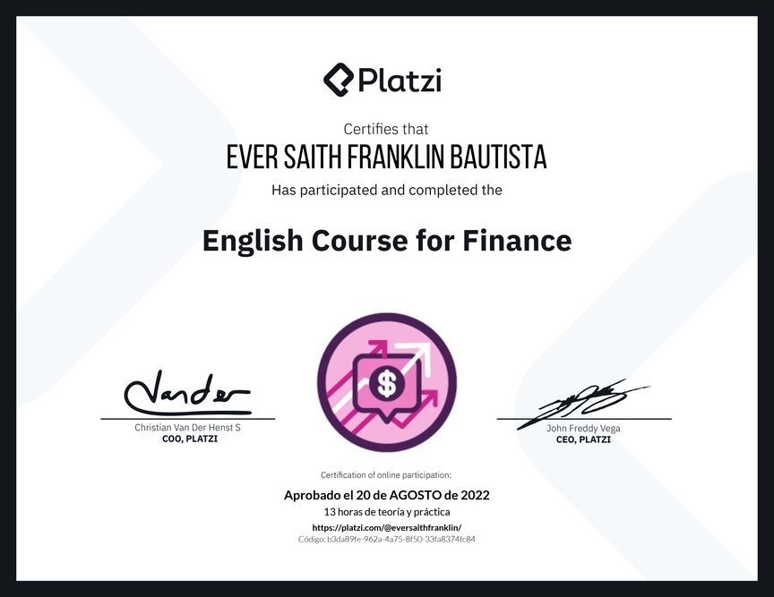 Diploma del Curso de Inglés para Finanzas (2020)