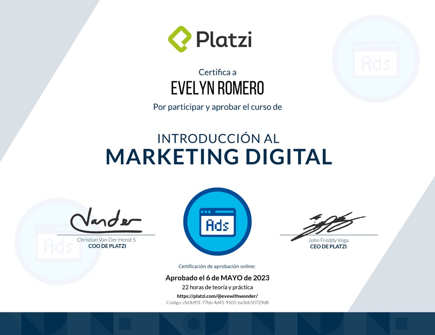 Diploma del Curso de Introducción al Marketing Digital (2022)
