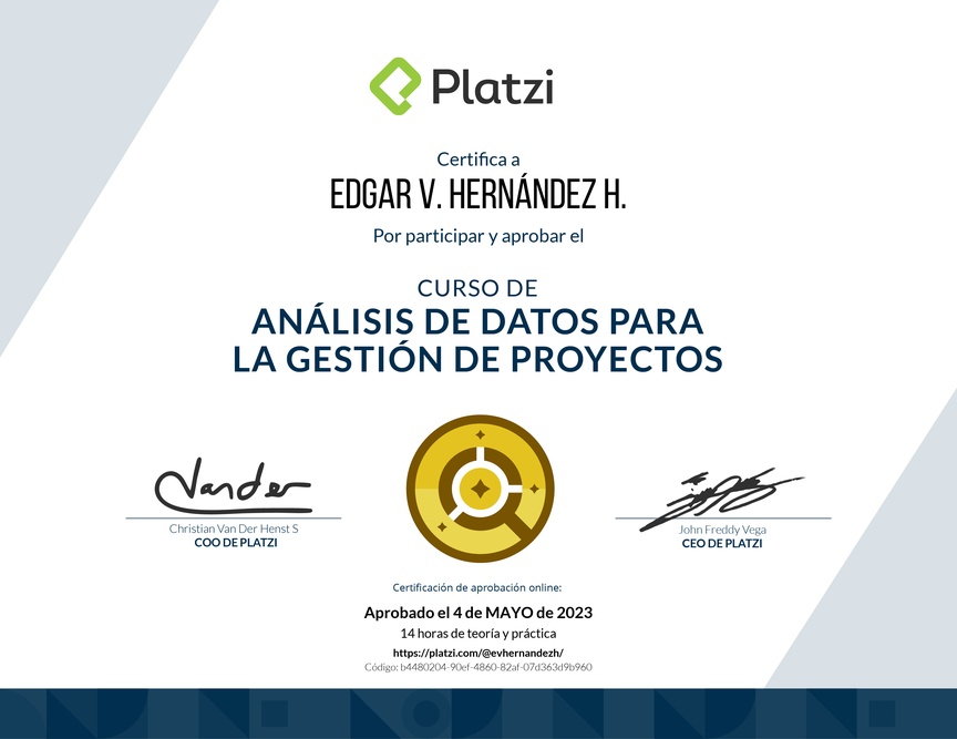 Diploma del Curso de Análisis de Datos para la Gestión de Proyectos