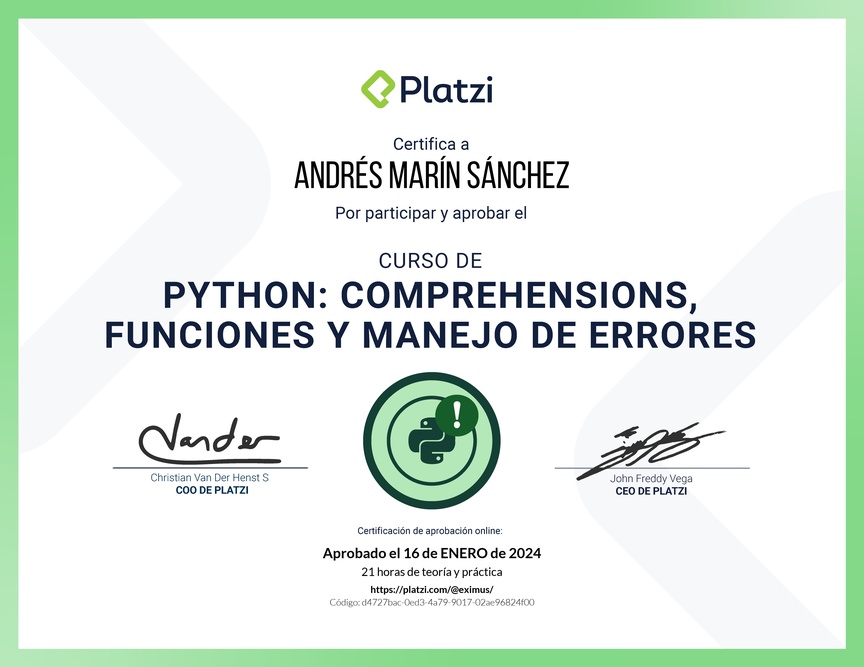 Diploma del Curso de Python: Comprehensions, Funciones y Manejo de Errores