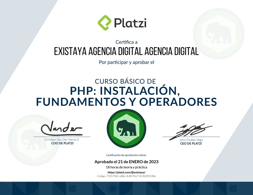 Diploma del Curso Básico de PHP: Instalación, Fundamentos y Operadores