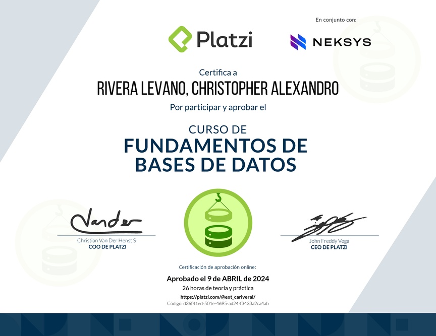 Diploma del Curso de Fundamentos de Bases de Datos 2019
