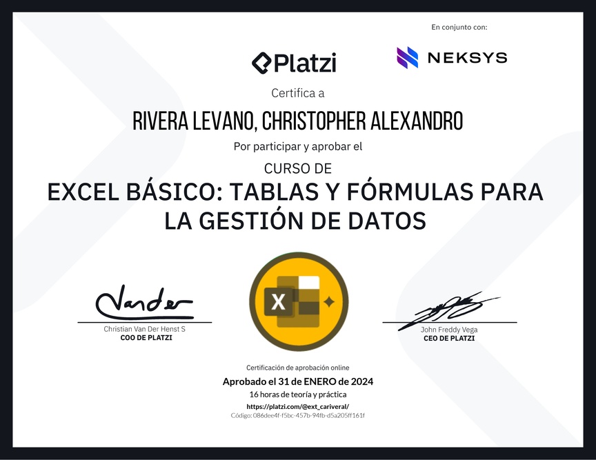 Diploma del Curso de Excel Básico: Tablas y Fórmulas para la Gestión de Datos