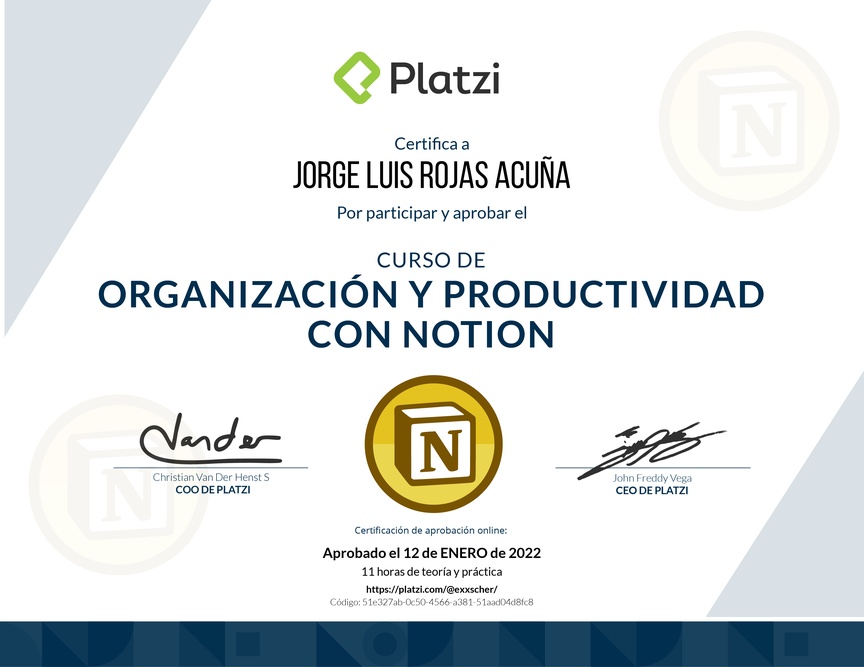Diploma del Curso de Organización y Productividad con Notion (2021)
