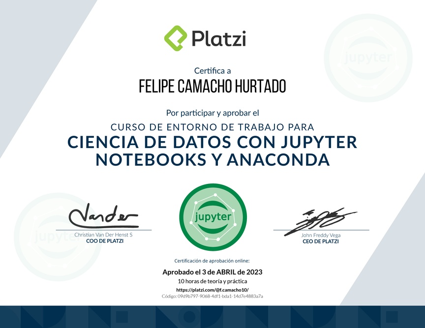 Diploma del Curso de Entorno de Trabajo para Ciencia de Datos con Jupyter Notebooks y Anaconda
